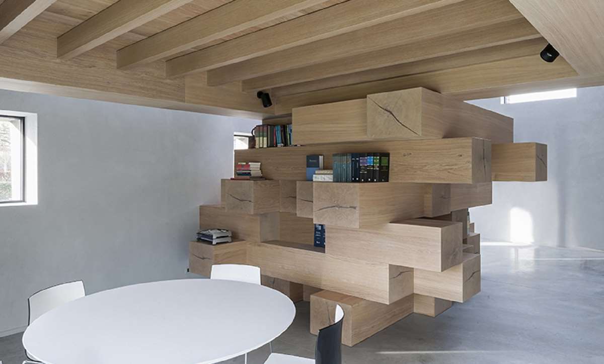 Old Barn Converted into Office with Stacked Wood Mezzanine